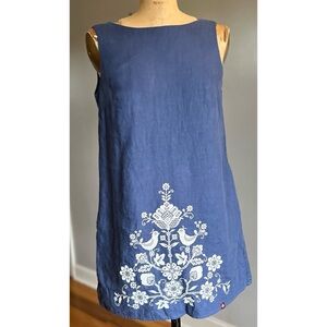 Poak Moaa Linen Embroidered Flowers Birds Shift Dress M